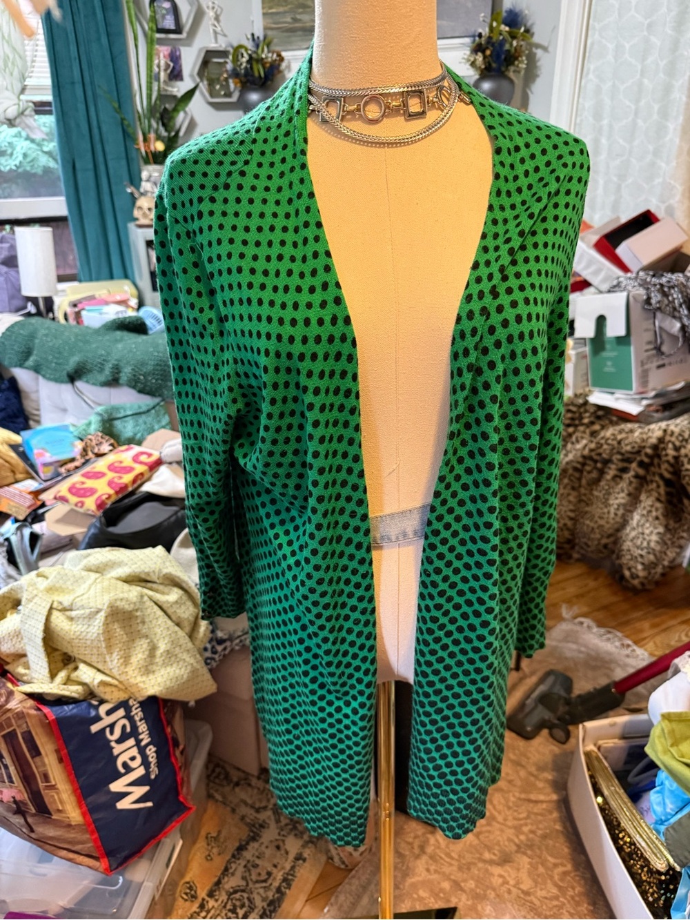 Green Polka Dot Open-Front Knit Cardigan